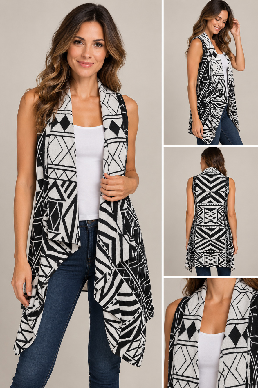 NYGARD Women S Black White Geometric Waterfall Open Front Long Vest Cotton Rayon